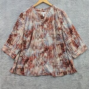 Denim & Co. Woman's 3/4 Sleeve Button Up V-Neck Top Size 3X Abstract Career
